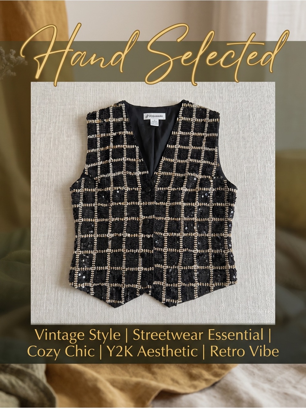 Vtg 80s Creazioni Effeci Black Sequin Pearl Bead Plaid Vest Small